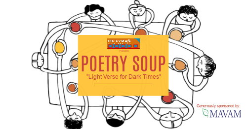 Graphic showing people sitting around a table with the wording 'Poetry Soup "Light verse for dark times"'.