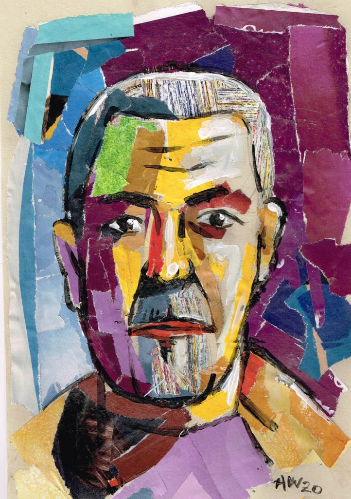 Brightly coloured collage of a man's face.