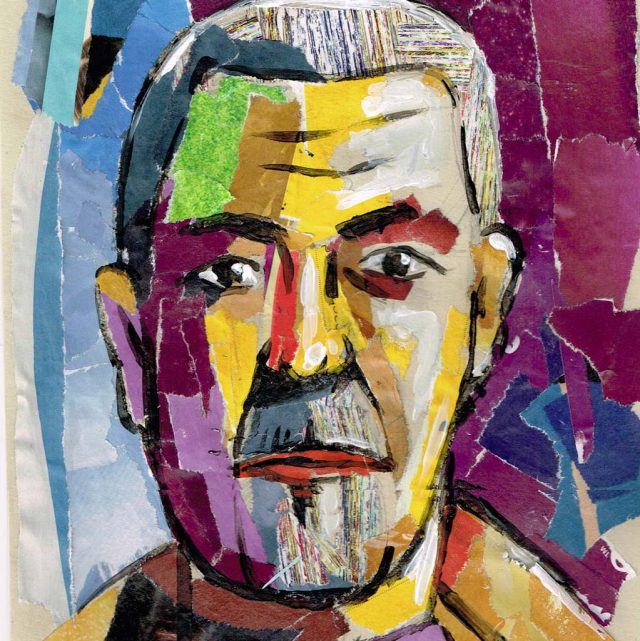 Brightly coloured collage of a man's face.