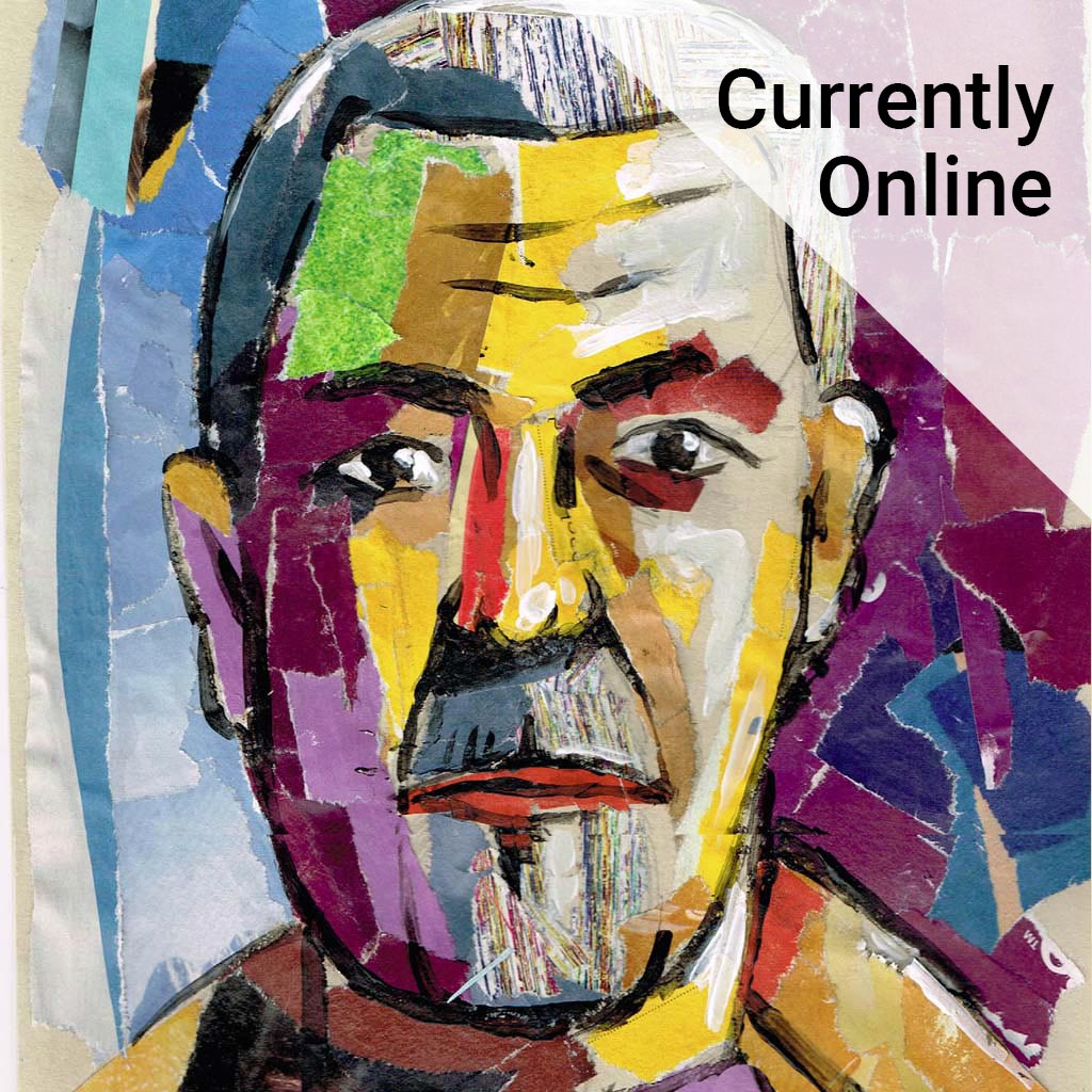 Brightly coloured collage of a man's face with the wording 'Currently online'.