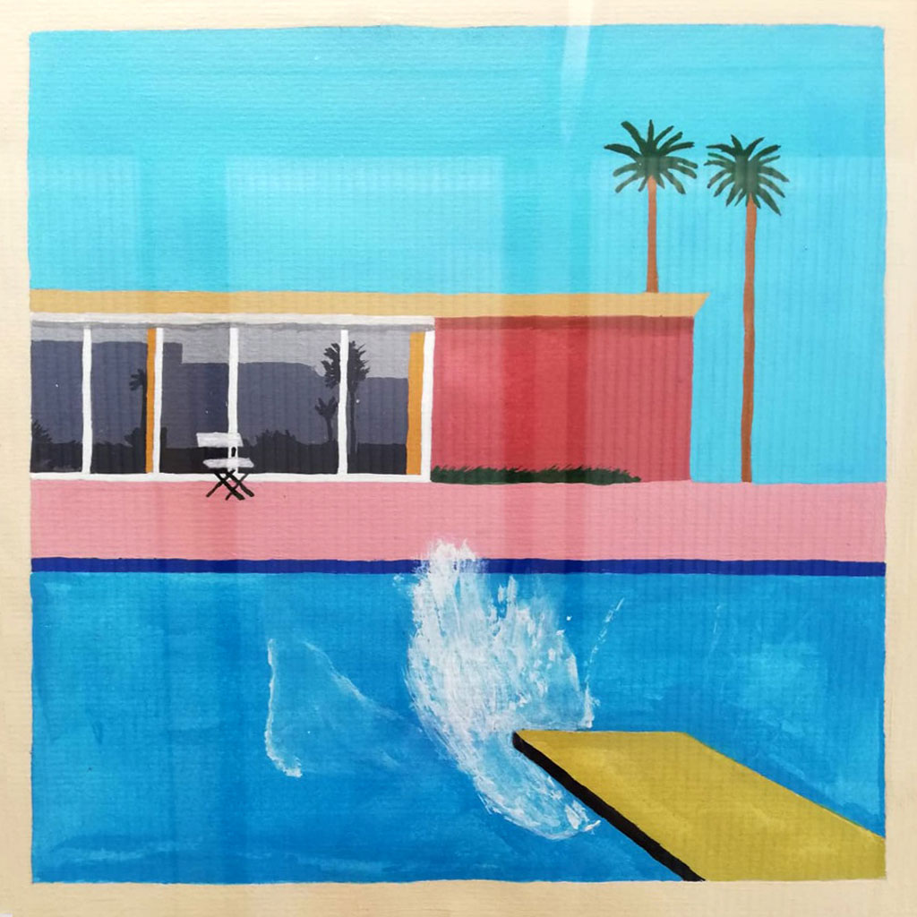 Artwork showing a swimming pool and diving board.