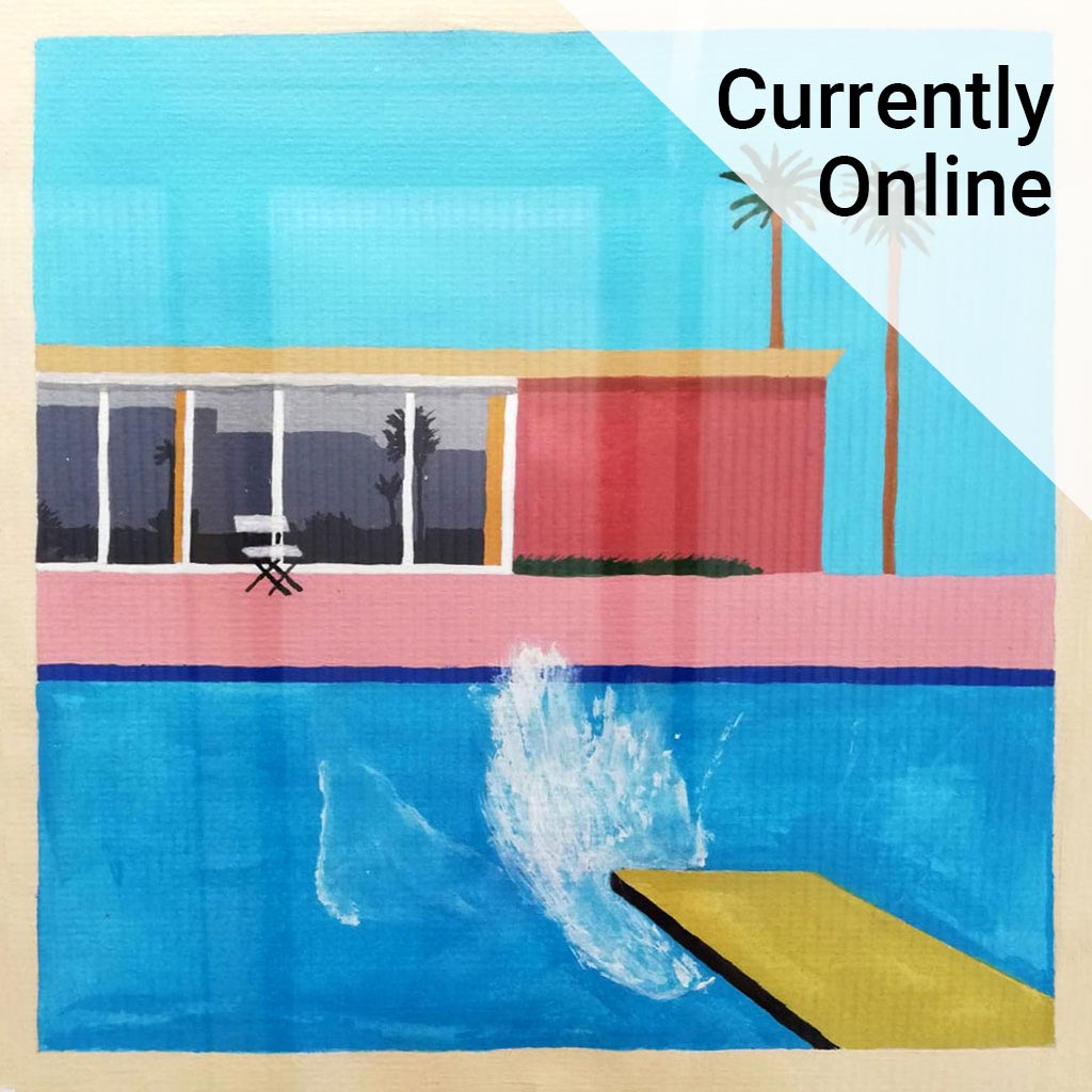 Artwork showing a swimming pool and diving board.