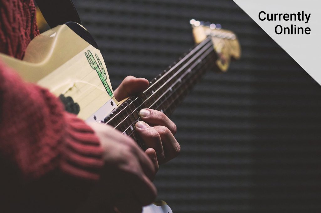 Close up images of a person holding a guitar with fingers on the strings with the words 'currently online'..