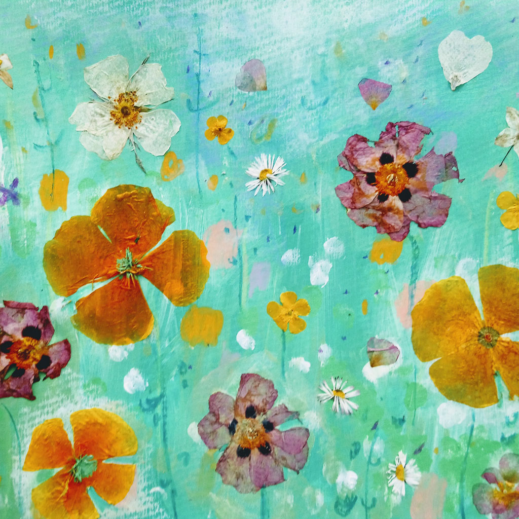 Artwork showing flowers against a blue background.