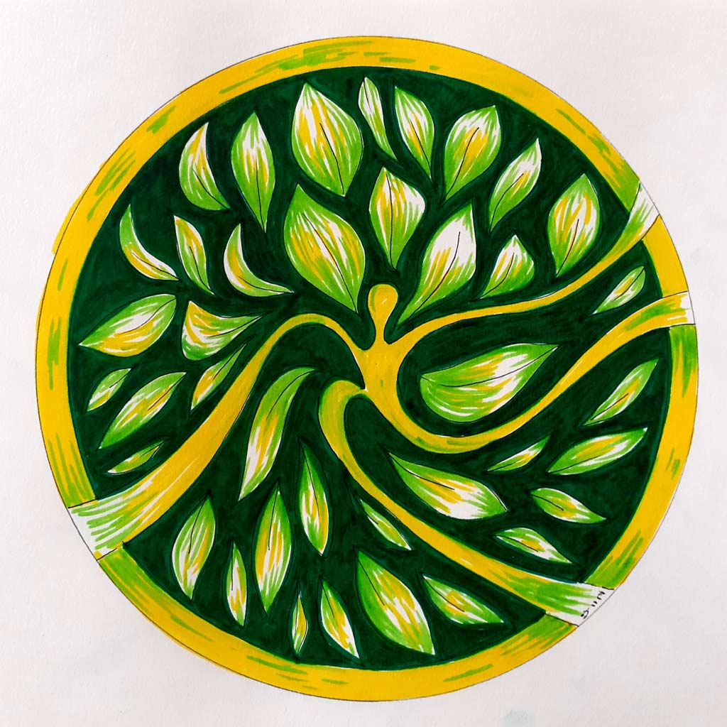 Colourful yellow and green artwork.