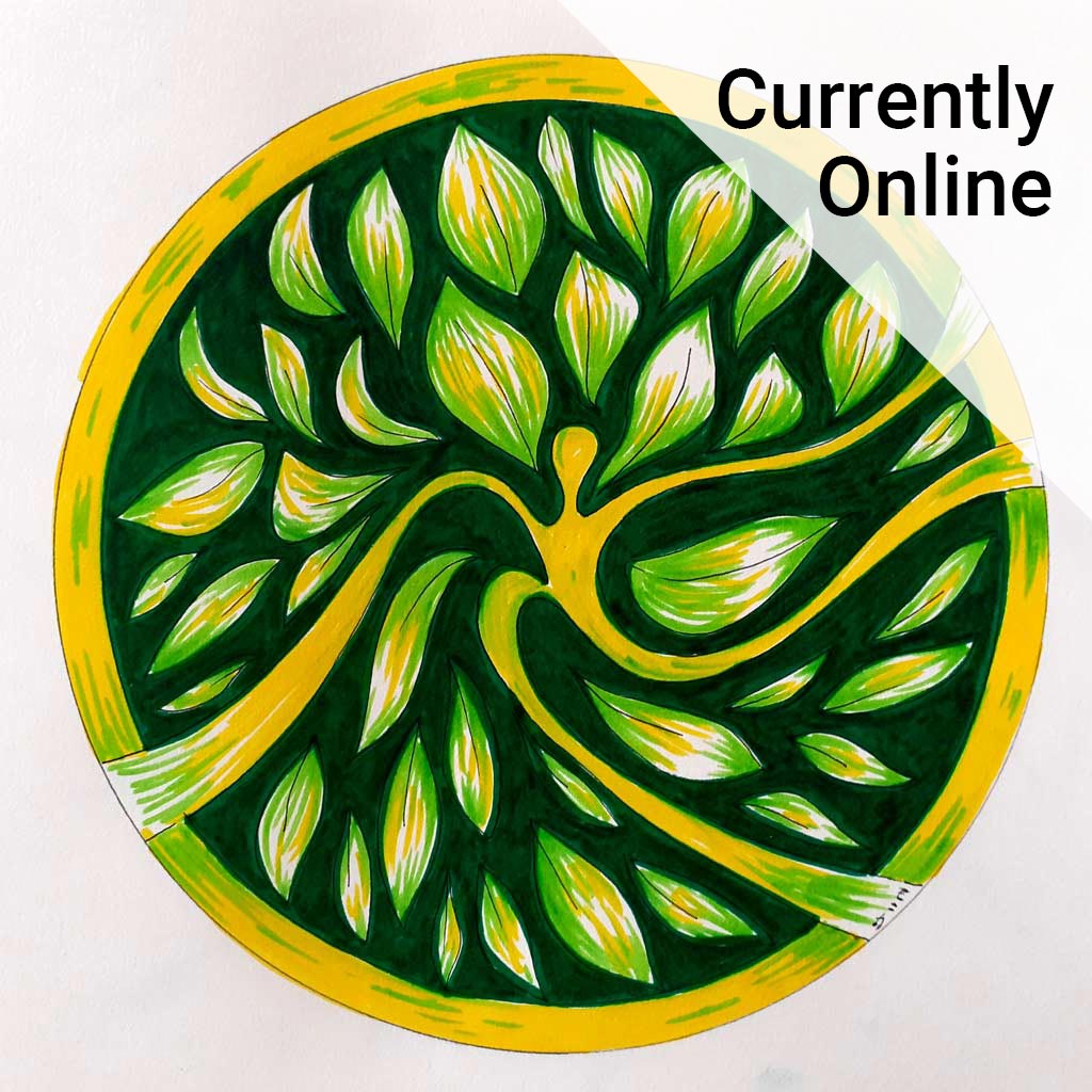 Colourful yellow and green artwork alongside the wording 'Currently online'.