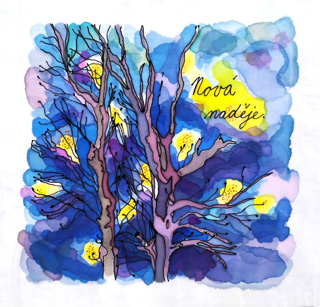 Artwork showing tree branches against a blue background with the wording 'Nova nadeje'