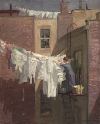 Painting showing a woman standing on a balcony pegging out washing between two buildings.