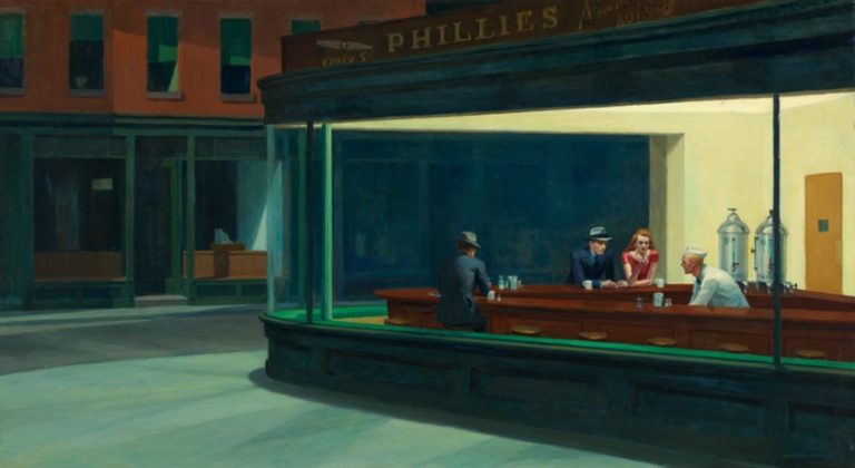 Painting of two men and a woman at a bar with a barman, viewed from outside. .