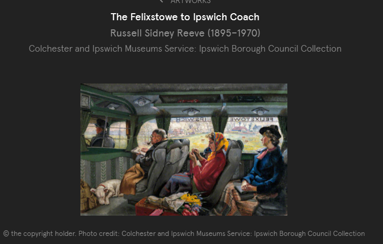 Painting showing the driver and two women, a man and a dog sitting in a coach.